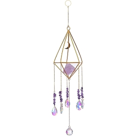 Natural Amethyst
 & Metal Moon Hanging Ornaments, Glass Teardrop Tassel Suncatchers for Home Outdoor Decoration
