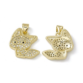 Rack Plating Brass Micro Pave Cubic Zirconia Pendants, Fox Charm, Cadmium Free & Lead Free, Long-Lasting Plated, Real 18K Gold Plated