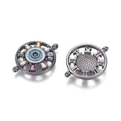 Brass Micro Pave Cubic Zirconia Links Connectors, with Enamel, Flat Round with Evil Eye, Colorful