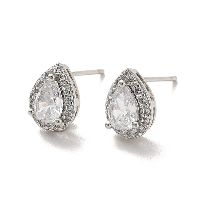 Clear Cubic Zirconia Teardrop Stud Earrings, Long-Lasting Plated Brass Jewelry for Women, Cadmium Free & Lead Free