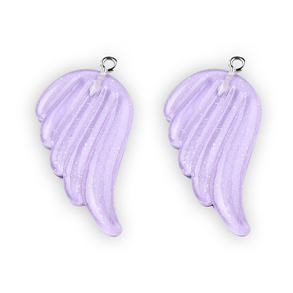 Translucent Resin Pendants, Wing Charms, with Platinum Plated Iron Loops and Glitter Powder