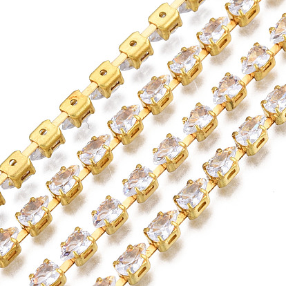 Teardrop Cubic Zirconia Strass Chains, Gold Plated Brass Link Chains, Soldered, with Spool