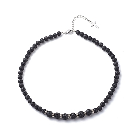 Collier de perles de roche de lave naturelle avec breloques croix en laiton, bijoux de pierres précieuses d'huile essentielle pour les femmes