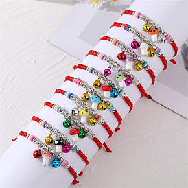 Cute Mushroom Charm Bracelet with Bell and Colorful Beads Handmade Braided Red Rope