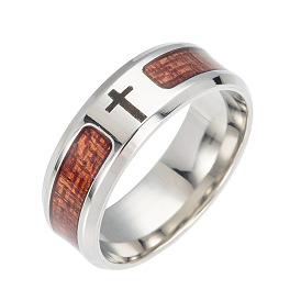 Stainless Steel Wide Band Finger Rings, with Acacia, Cross
