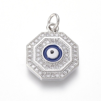Brass Micro Pave Cubic Zirconia Pendants, with Enamel, Eight Trigrams with Evil Eyes, Clear