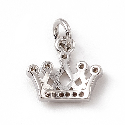 Brass Micro Pave Clear Cubic Zirconia Crown Charms, with Open Jump Rings