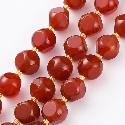 Natural Carnelian Beads Strands, with Seed Beads, Six Sided Celestial Dice, Dyed, Faceted