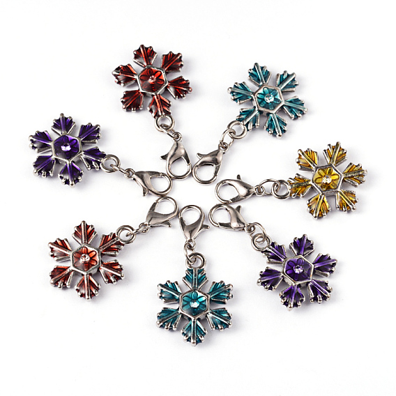 Zinc Alloy Enamel Pendants, Cadmium Free & Lead Free, Christmas Snowflake, with Brass Lobster Claw Clasps, Platinum Color, 37mm, Hole: 3mm