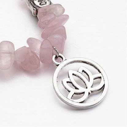 Gemstone Beads Charm Bracelets, with Tibetan Style Alloy Pendants, Flat Round with Lotus & Buddha