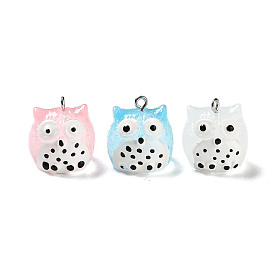 Translucent Resin Pendants, Owl Charms with Platinum Plated Iron Loops