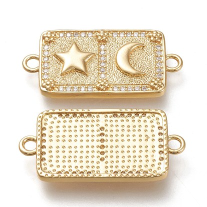 Brass Micro Pave Cubic Zirconia Links Connectors, Rectangle with Star & Moon, Clear