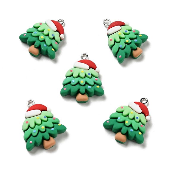 Christmas Opaque Resin Pendants, with Platinum Tone Iron Loops, Christmas Tree with Hat Charm