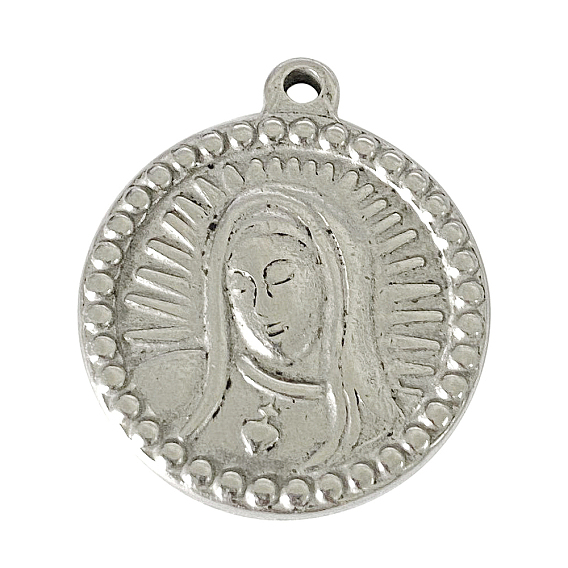304 Stainless Steel Pendants, Religion, Flat Round with Virgin Mary