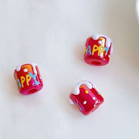 Opaque Acrylic European Beads, with Enamel, Large Hole Beads, Cake with Word Happy
