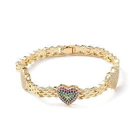 Cubic Zirconia Heart Link Bracelets, Brass Jewelry for Women