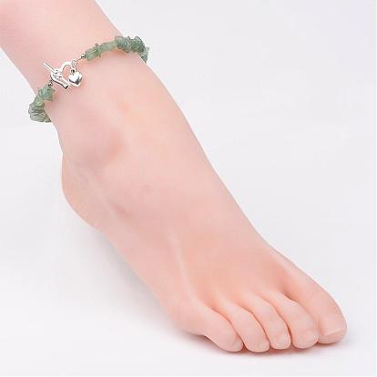 Natural Chip Gemstone Beaded Anklets, with Alloy Bar & Ring Toggle Clasps, 230mm