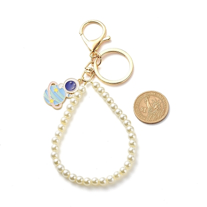 Porte-clés pendentif spaceman en alliage émail, porte-clés en perles d'imitation à base de verre, avec fermoir porte-clés en alliage et fer