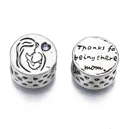 Rack Plating Alloy European Beads, Large Hole Beads, with Tanzanite Rhinestone, Mother's Day, Cadmium Free & Nickel Free & Lead Free, Column with Word Thanks for Being There Mom