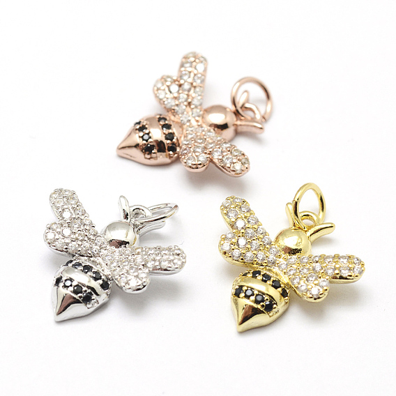 Brass Micro Pave Grade AAA Cubic Zirconia Charms, Bees, Lead Free & Nickel Free & Cadmium Free