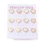 6 Pairs Natural White Shell Heart Stud Earrings, 304 Stainless Steel Jewelry for Women