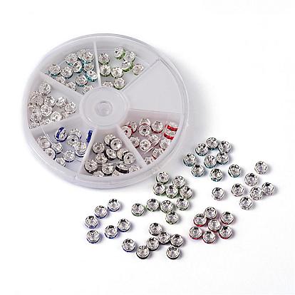 1 boîte laiton mixte strass rondelle perles d'espacement, Grade a, couleur argent plaqué, 6x3mm, trou: 1 mm, environ 120 / boîte