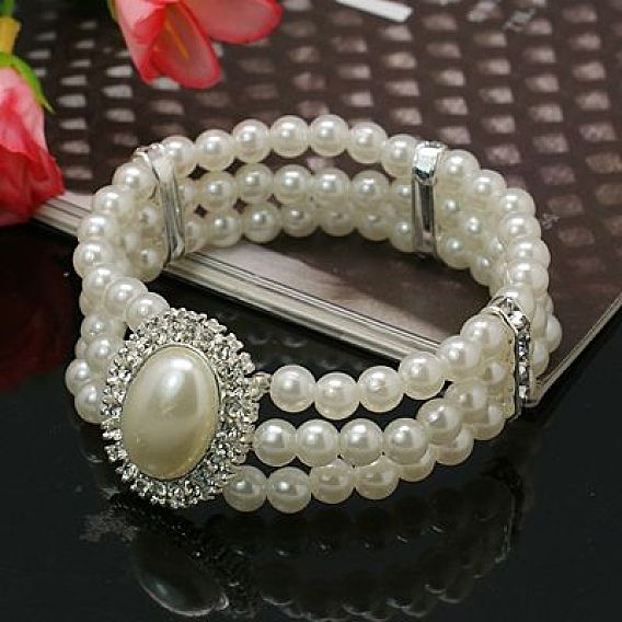 Gift for Valentines Day to Girlfriend Acrylic Pearl Wedding Bracelets, with Brass Rhinestone Bead and Alloy Rhinestone Cabochons, Stretchy, 50mm