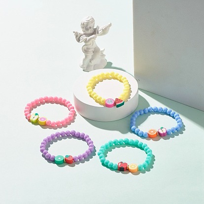 Handmade Polymer Clay Fruit Stretch Bracelet with Round Beads for Kids