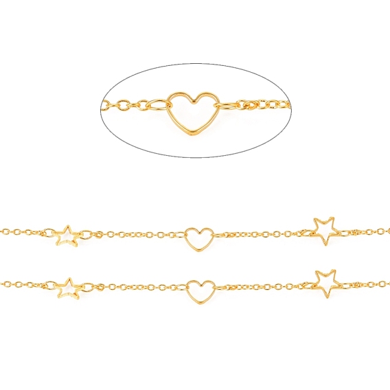 Cadenas de cable de latón, con anillos de unión, soldada, con carrete, larga duración plateado, Corazón y estrella
