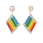 Japanese Seed Braided Rhombus Dangle Stud Earrings with Plastic Pearl Beaded, Golden Brass Drop Earrings for Women