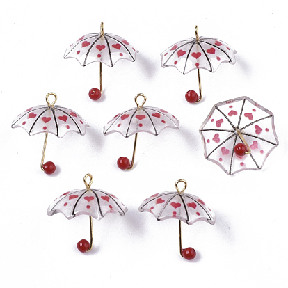 Printed Acrylic Pendants, ABS Plastic Imitation Pearl and Golden Plated Brass Loops, 3D Umbrella with Heart Pattern