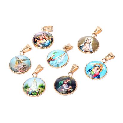 Virgin Mary Theme Glass Pendants, with 201 Stainless Steel Findings, Flat Round, Golden