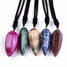 Colliers pendentif pierres précieuses naturelles, avec des cordons en polyester de couleur aléatoire, balle