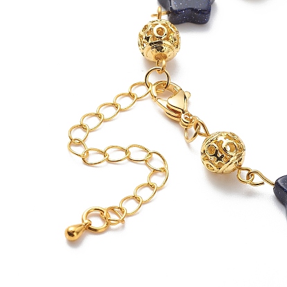 Pulseras de eslabones de piedra dorada azul sintética estrella, pulseras de cuentas redondas de aleación con símbolo de género hueco para mujer
