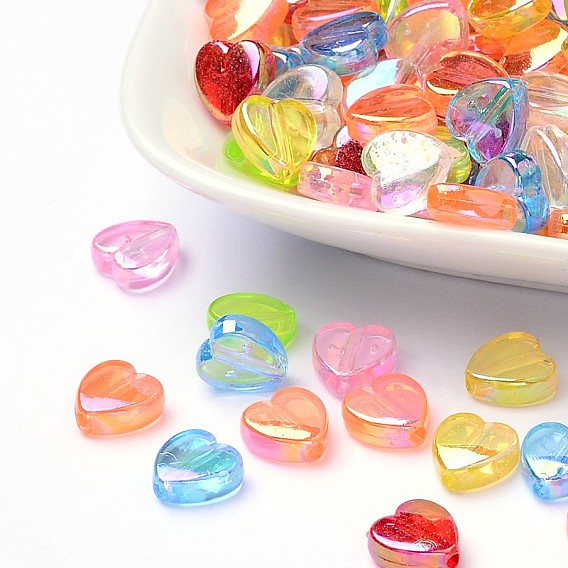 Eco-Friendly Transparent Acrylic Beads, Heart, Dyed, AB Color, 8x8x3mm, Hole: 1.5mm, about 2800pcs/500g