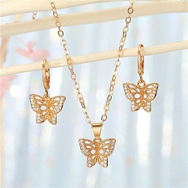 Fashionable Alloy Butterfly Necklace Set with Zircon Lock Collar Chain and Versatile Earrings for Women