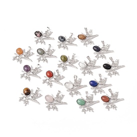 Natural & Synthetic Gemstone Pendants, with Platinum Tone Brass Findings, Cadmium Free & Lead Free, Bird with Oval Charms, Mixed Dyed and Undyed