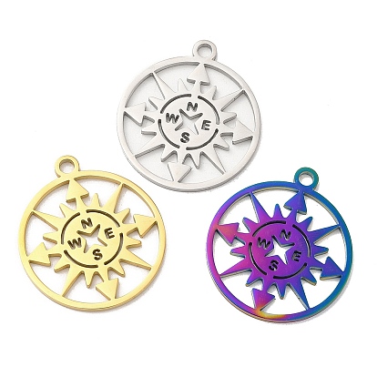 Ion Plating(IP) 304 Stainless Steel Pendants, Flat Round with Compass Charm