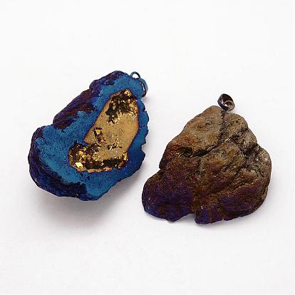 Electroplated Natural Geode Druzy Agate Big Pendants, with Brass Findings, Nuggets, Two Tone