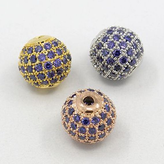 Brass Micro Pave Cubic Zirconia Beads, Round, Mauve, 10mm, Hole: 1.5mm