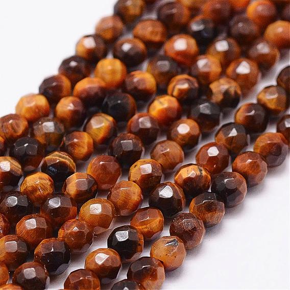 Natural Tiger Eye Beads Strands, Grade A, Faceted(64 Facets), Round Bead