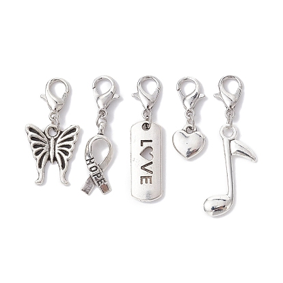 Alloy Pendant Decorations, with Lobster Claw Clasps, Butterfly/Awareness Ribbon/Heart/Rectangle/Musical Note