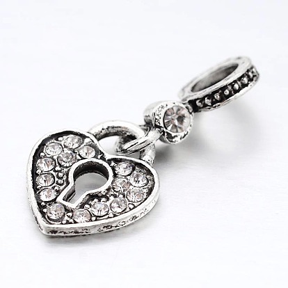 Encantos colgantes europeos de diamantes de imitación de aleación de bloqueo de corazón de gran agujero, plata antigua, 25 mm, agujero: 5 mm