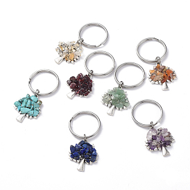 Chip Natural & Synthetic Gemstone Keychain Sets, with Antique Silver Plated Alloy Pendants and 316 Surgical Stainless Steel Split Key Rings, Tree