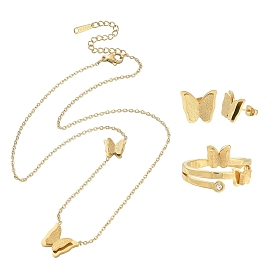 304 Stainless Steel Butterfly Stud Earrings & Finger Ring & Pendant Necklace, Jewelry Set for Women