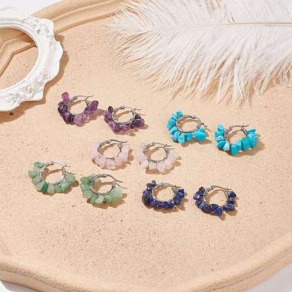 Natural Gemstone Chips Braided Hoop Earrings, Wire Wrapped Stone Earrings with 304 Stainless Steel Pins for Women, Stainless Steel Color