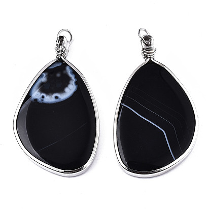 Agate noire naturelle gros pendentifs, bord et boucle de fer de ton platine, ovale