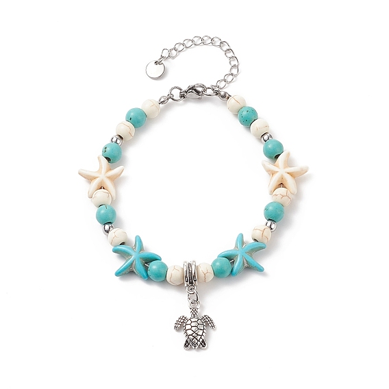 Alloy Tortoise Charm Bracelet with Synthetic Turquoise(Dyed) Starfish Beaded Bracelet for Women