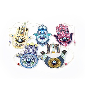 Wood Big Pendant Decorations, with Column Resin Beads(Random Color), Hamsa Hand/Hand of Miriam with Evil Eye
