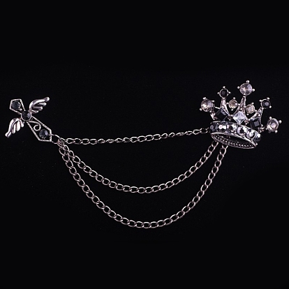 Broche colgante de corona y cruz con borla de cadena, insignia de aleación de diamantes de imitación para chaquetas sombreros bolsos